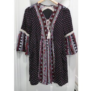 SOLD Entro Mini Dress Tunic Boho Bohemian Black Red Paisley Hippy Crochet 70's